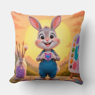 Cute Rabbit with Painting Supplies at Sunset Cushion
