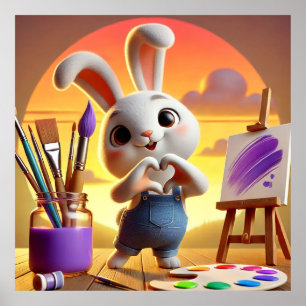 Cute Rabbit with Painting Supplies at Sunset Poster