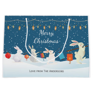 Cute Rabbits and Lanterns in Snow Christmas Custom Large Gift Bag