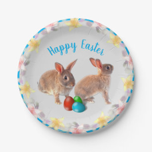 Cute Rabbits and Lily Flowers Easter Holiday Paper Plate