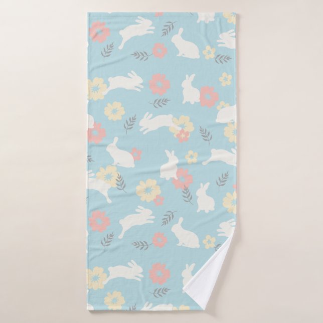 Cute Rabbits Flowers Pattern Bath Towel (Bath Towel)
