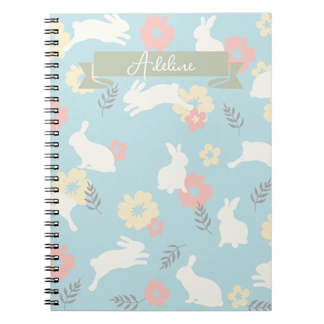 Cute Rabbits Flowers Pattern Notebook (Front)