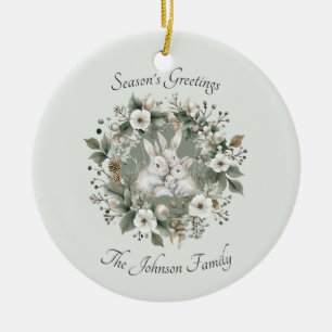 Cute Rabbits in a Floral Winter Wreath Ceramic Tree Decoration