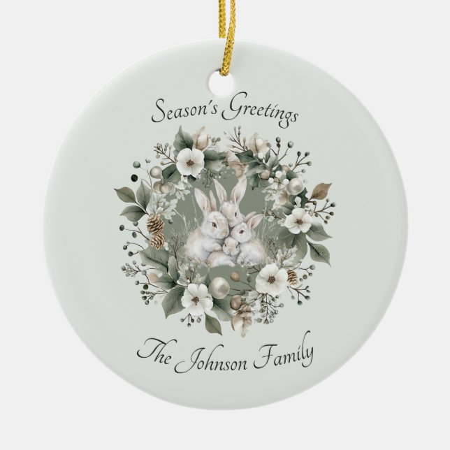 Cute Rabbits in a Floral Winter Wreath Ceramic Tree Decoration (Front)
