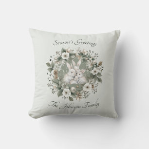 Cute Rabbits in a Floral Winter Wreath Cushion