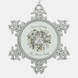 Cute Rabbits in a Floral Winter Wreath Snowflake Pewter Christmas Ornament