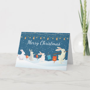 Cute Rabbits Lantern Parade Through Snow Christmas Card