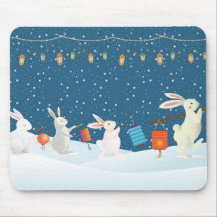Cute Rabbits Lantern Parade Through Snow Christmas Mouse Pad