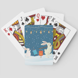 Cute Rabbits Lantern Parade Through Snow Christmas Playing Cards