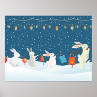 Cute Rabbits Lantern Parade Through Snow Christmas