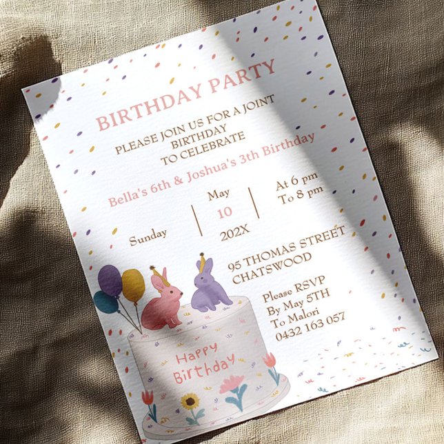 Cute Rabbits on Cake Joint Birthday Sister Brother Invitation (Creator Uploaded)