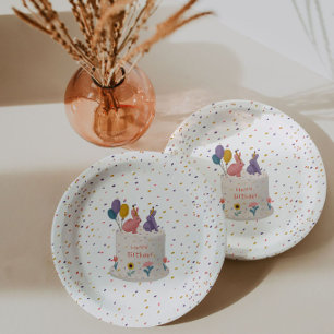 Cute Rabbits on Cake Joint Birthday Sister Brother Paper Plate