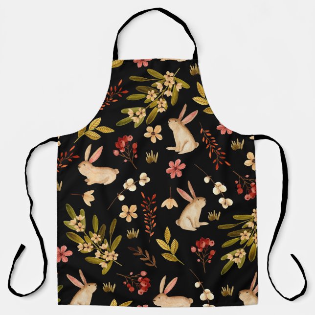 Cute Rabbits: Watercolor Hand-Drawn Pattern Apron (Front)