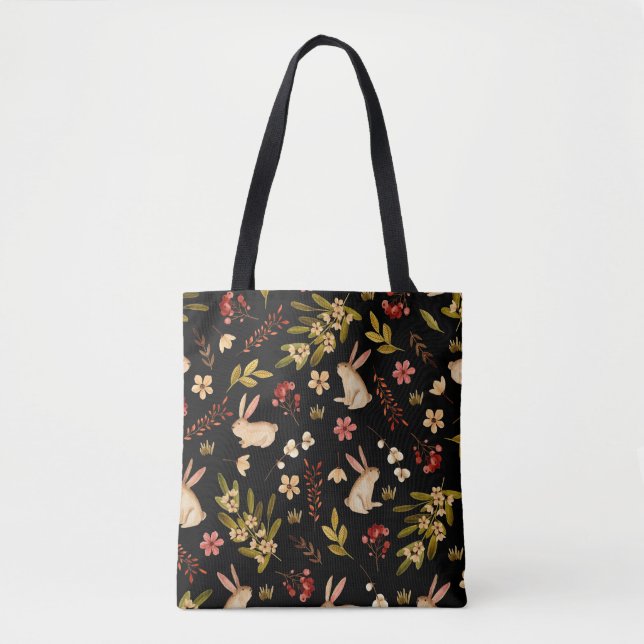 Cute Rabbits: Watercolor Hand-Drawn Pattern Tote Bag (Front)