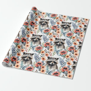 Cute raccoon among flowers wrapping paper