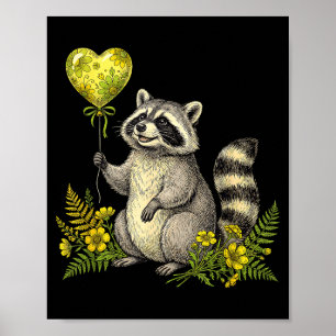 Cute Raccoon Balloon Heart Flowers Sweet Raccoon L Poster