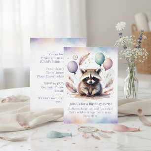 Cute Raccoon Birthday Invitation Woodland Boho 