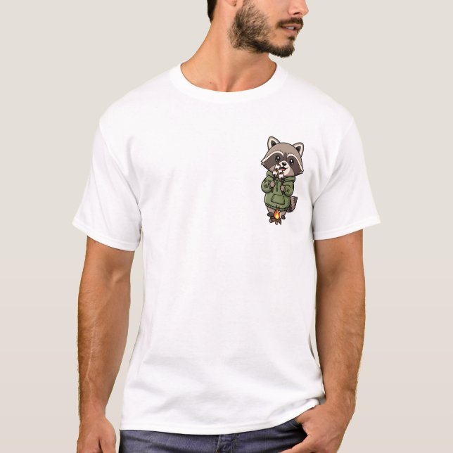 Cute Raccoon Camper Roasting Marshmallows in Green T-Shirt (Front)