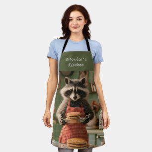 Cute Raccoon Chef in Retro Kitchen Serving Pancake Apron