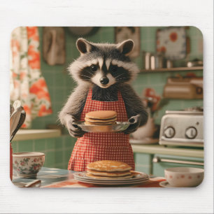 Cute Raccoon Chef in Retro Kitchen Serving Pancake Mouse Pad