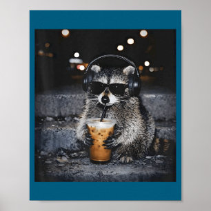 Cute Raccoon Drinking Iced Coffee Funny Poster