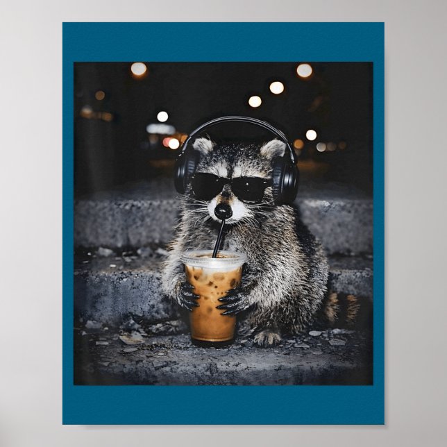 Cute Raccoon Drinking Iced Coffee Funny Poster (Front)