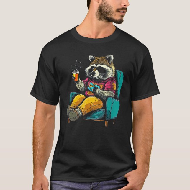 Cute Raccoon Enjoys Food on Couch T-Shirt (Front)