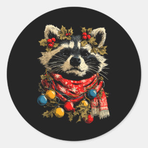 Cute Raccoon F Christmas Lights Festive Forest Ani Classic Round Sticker