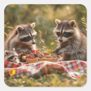 Cute raccoon family having a picnic square sticker