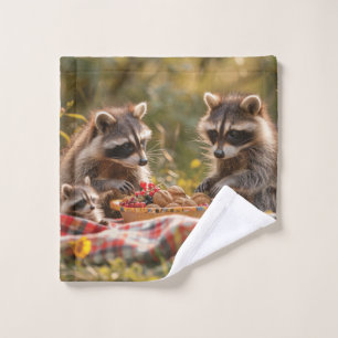 Cute raccoon family having a picnic wash cloth