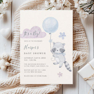 Cute Raccoon Flying Balloon Boy Baby Shower Invitation