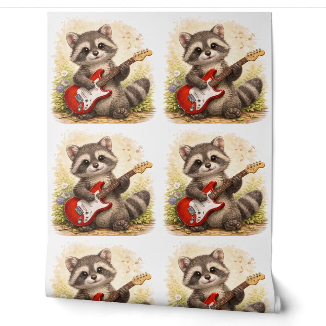 Cute Raccoon Guitar Pattern Wallpaper Kids (Unrolling)