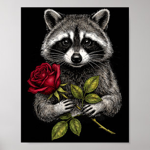 Cute Raccoon Holding A Red Rose Sweet Raccoon Love Poster