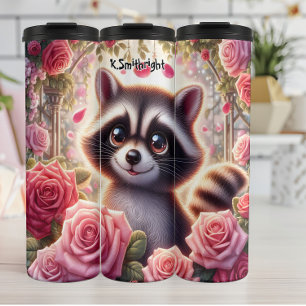 Cute Raccoon in a Rose Garden Thermal Tumbler