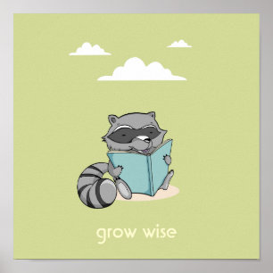 Cute raccoon reading to book baby room green poster