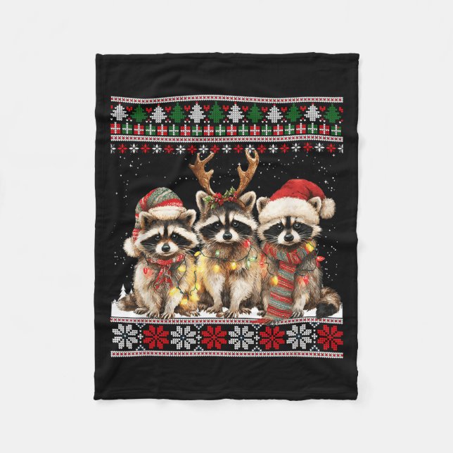 Cute Raccoon Santa Christmas Lights Ugly Xmas Swea Fleece Blanket (Front)