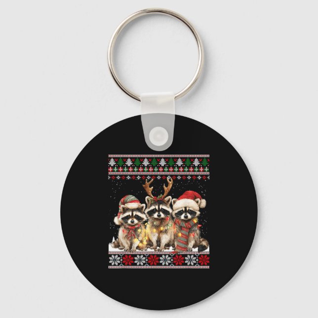 Cute Raccoon Santa Christmas Lights Ugly Xmas Swea Key Ring (Front)
