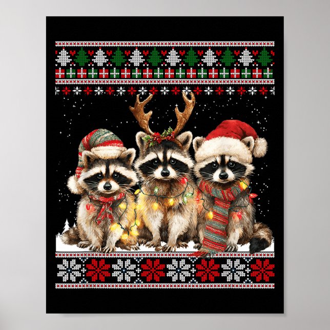 Cute Raccoon Santa Christmas Lights Ugly Xmas Swea Poster (Front)