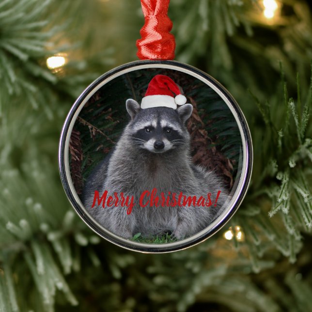 Cute Raccoon Wearing Red Santa Hat Metal Tree Decoration (Tree)
