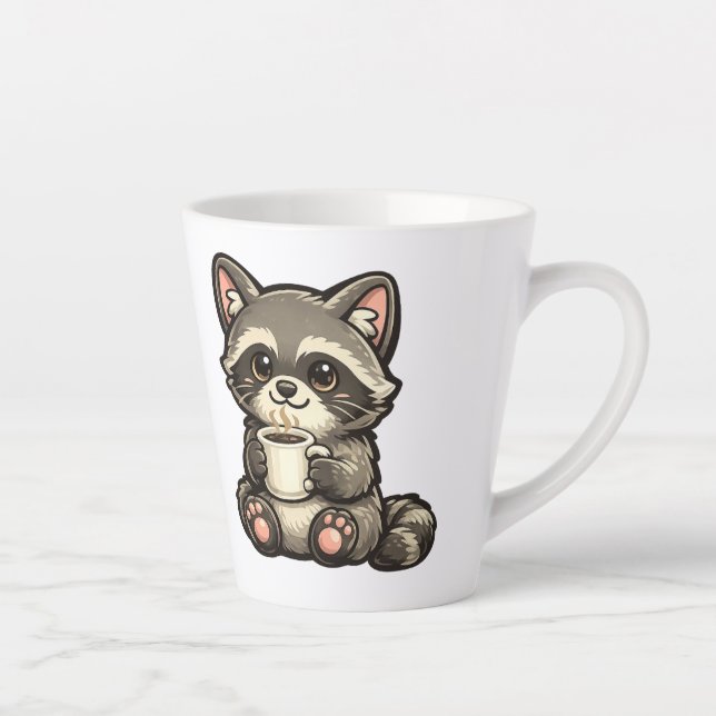 Cute Raccoon with Coffee – Cozy Kawaii Animal Latte Mug (Right)
