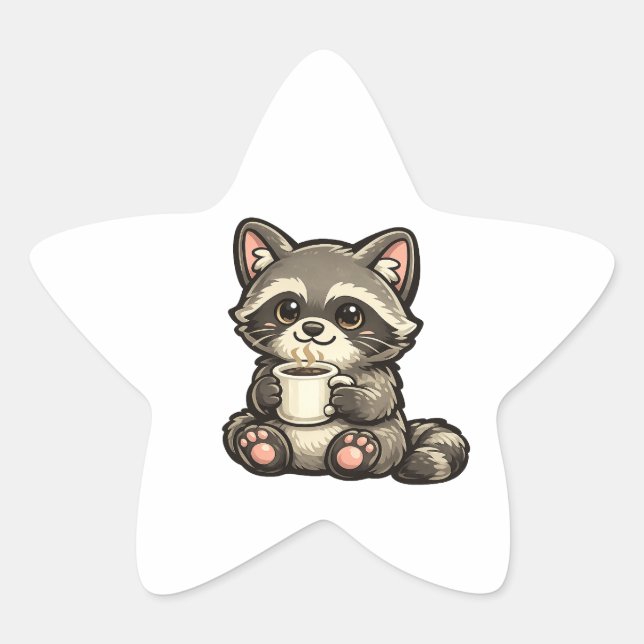 Cute Raccoon with Coffee – Cozy Kawaii Animal Star Sticker (Front)
