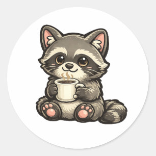 Cute Raccoon with Coffee – Kawaii Cozy Animal Classic Round Sticker