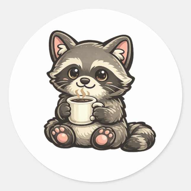 Cute Raccoon with Coffee – Kawaii Cozy Animal Classic Round Sticker (Front)