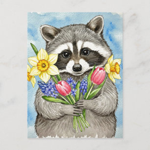 Cute Raccoon with Spring Flowers Postcard