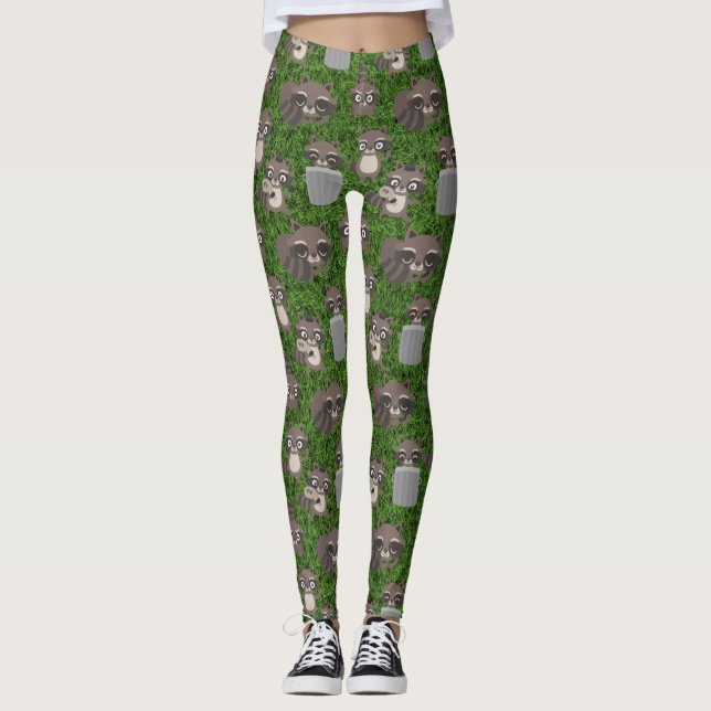 cute raccoons garbage trash cans leggings (Front)