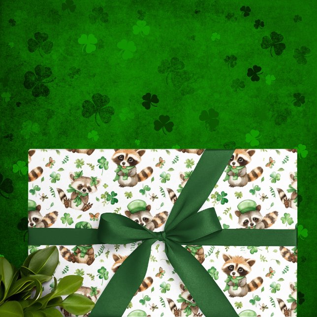 Cute Raccoons Green Hat Shamrock St. Patrick's Day Wrapping Paper (Creator Uploaded)