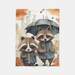 Cute Raccoons in the Rain Fleece Blanket