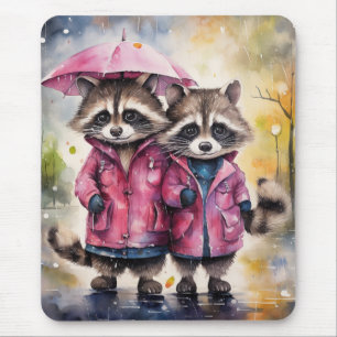 Cute Raccoons in the Rain Mouse Pad