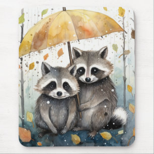 Cute Raccoons in the Rain Mouse Pad