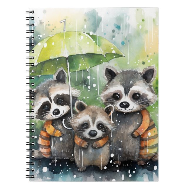 Cute Raccoons in the Rain Notebook (Front)